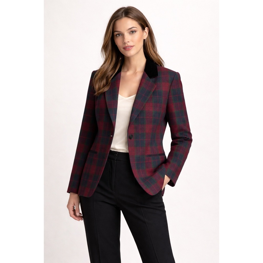 Sage Harbor Plaid Blazer Velvet Collar‎ Women 14 Wool Blend Button Front Jacket